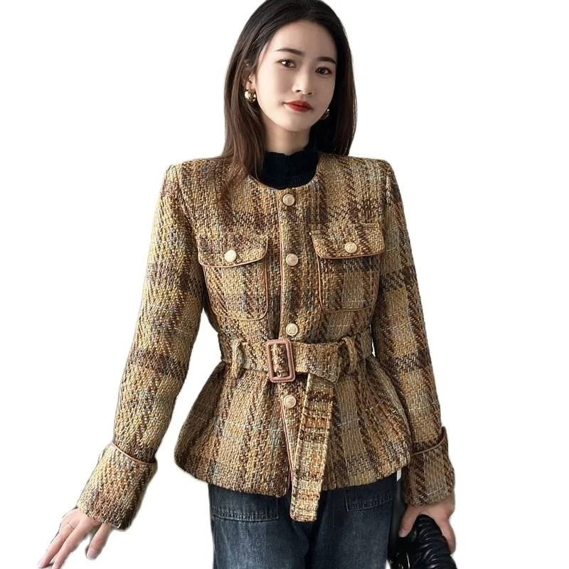 High Women Quality Vintage Tweed Wool Belt Short Jacket Autumn Ladies Casual Single Breasted Slim Office Lady Outwear Coat