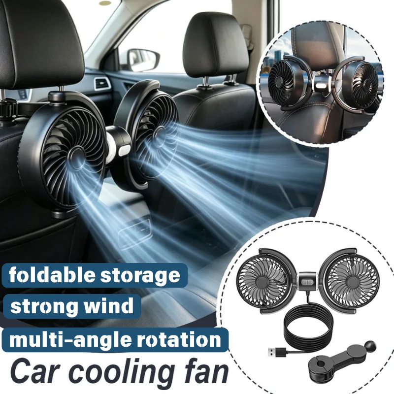 Quiet Twin Head Car Cooling Fan 360 Degree Adjustable USB Fan Vehicle Headrest Installation Air Circulation Cooler Car Accessory