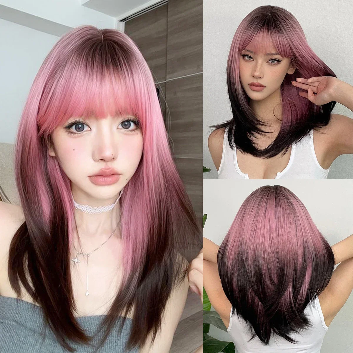 

Black Pink Purple Ombre Synthetic with Bangs Cosplay Party Hair Long Straight Layered for Women Heat Resistant Fiber Wigs