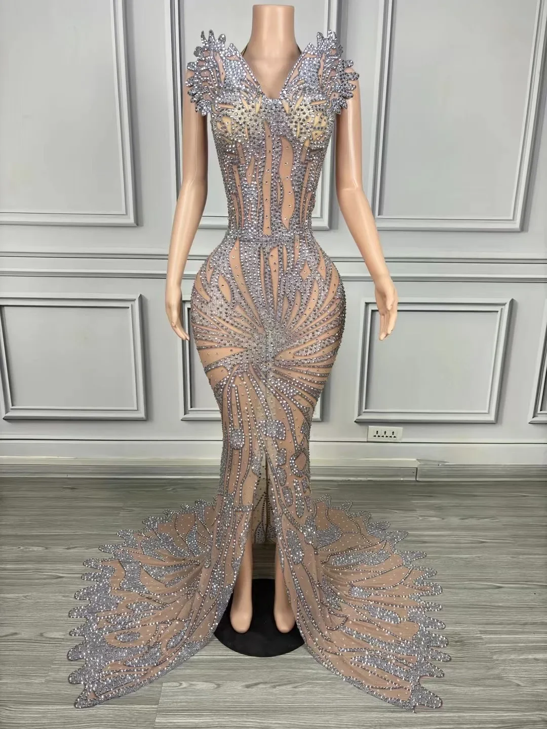 

Birthday Prom Celebrate Evening Dress Rhinestone Floor-Length Slit Dresses Singer Host Stage Costume Party Clubwear Women yj211