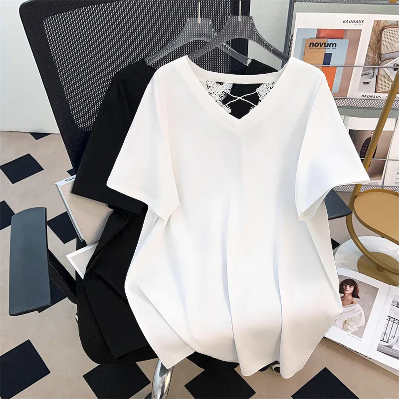 

Женская футболка больших размеров 170 кг, летняя свободная кружевная футболка с коротким рукавом и v-образным вырезом, черно-белая, 4XL, 5XL, 6XL, 7XL, 8XL, 9XL