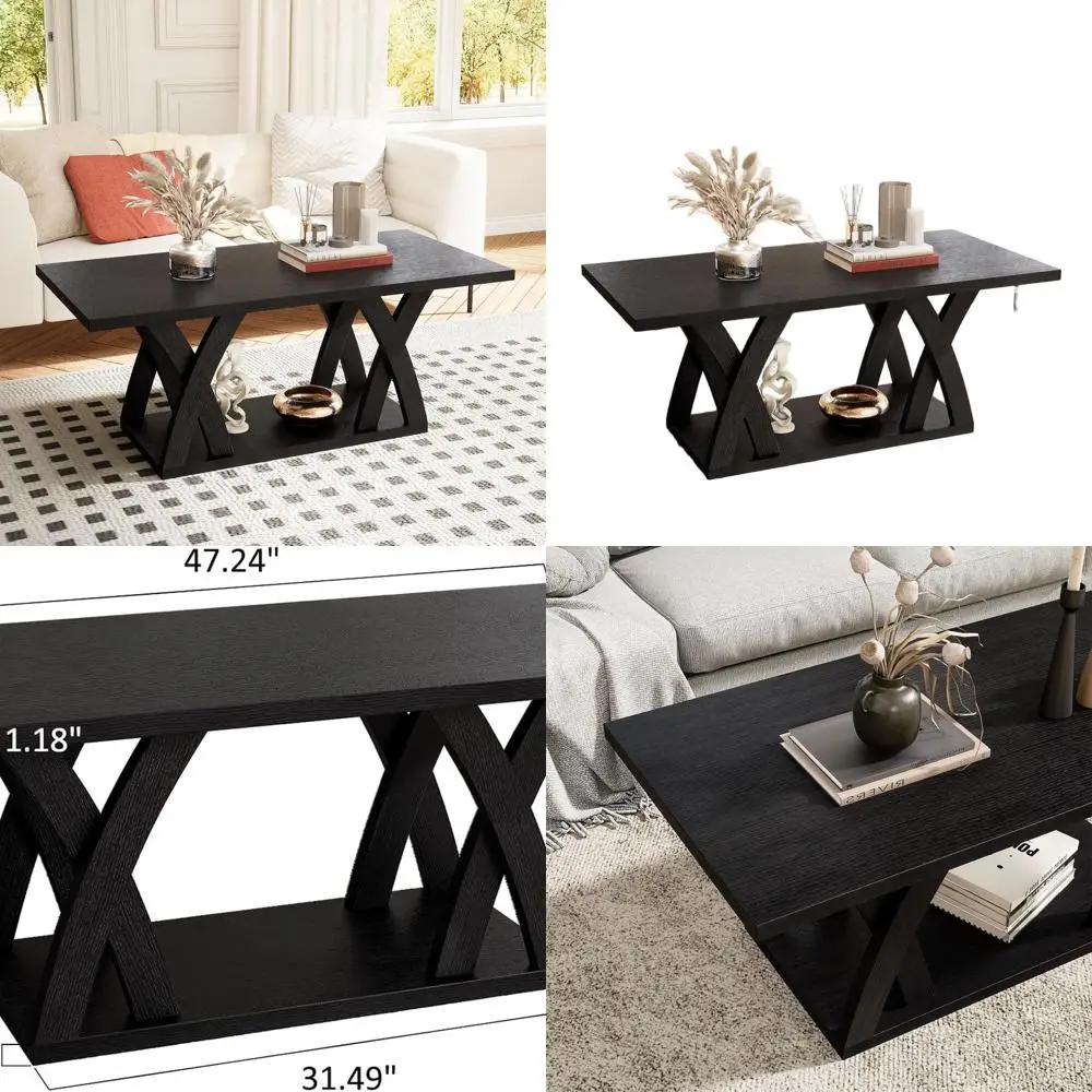 

Modern 47 Black and Grey Living Room Coffee Table with Shelf