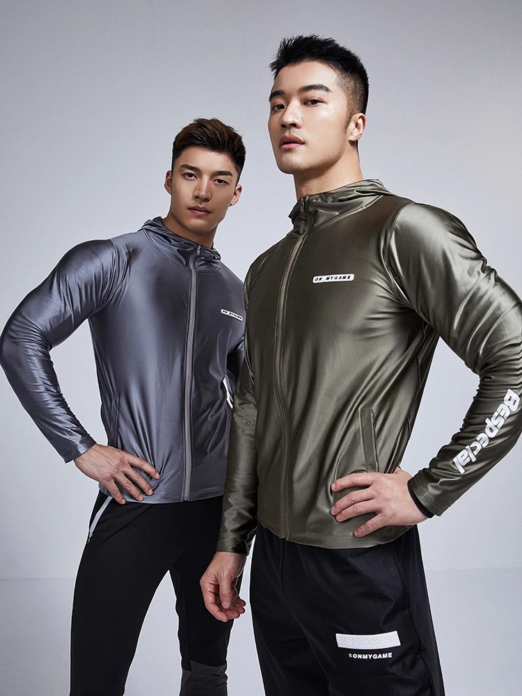 Glossy Silver Ice Silk Sports Jacket Top Zipper Men\'s Fitness Running Plus Size Long Sleeve T-shirt