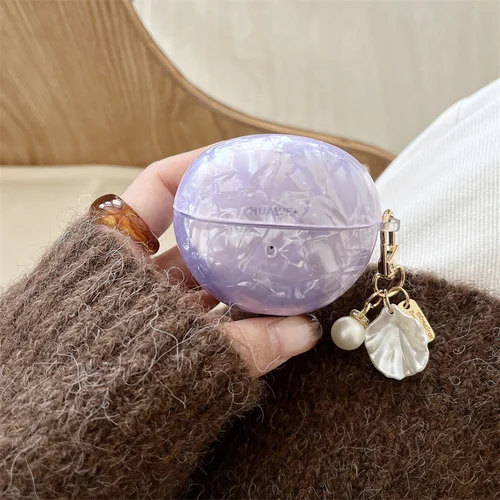 Funda para auriculares para Huawei Freeclip, diseño de patrón de concha de mar púrpura, funda protectora completa a prueba de golpes para auriculares para niñas y niños