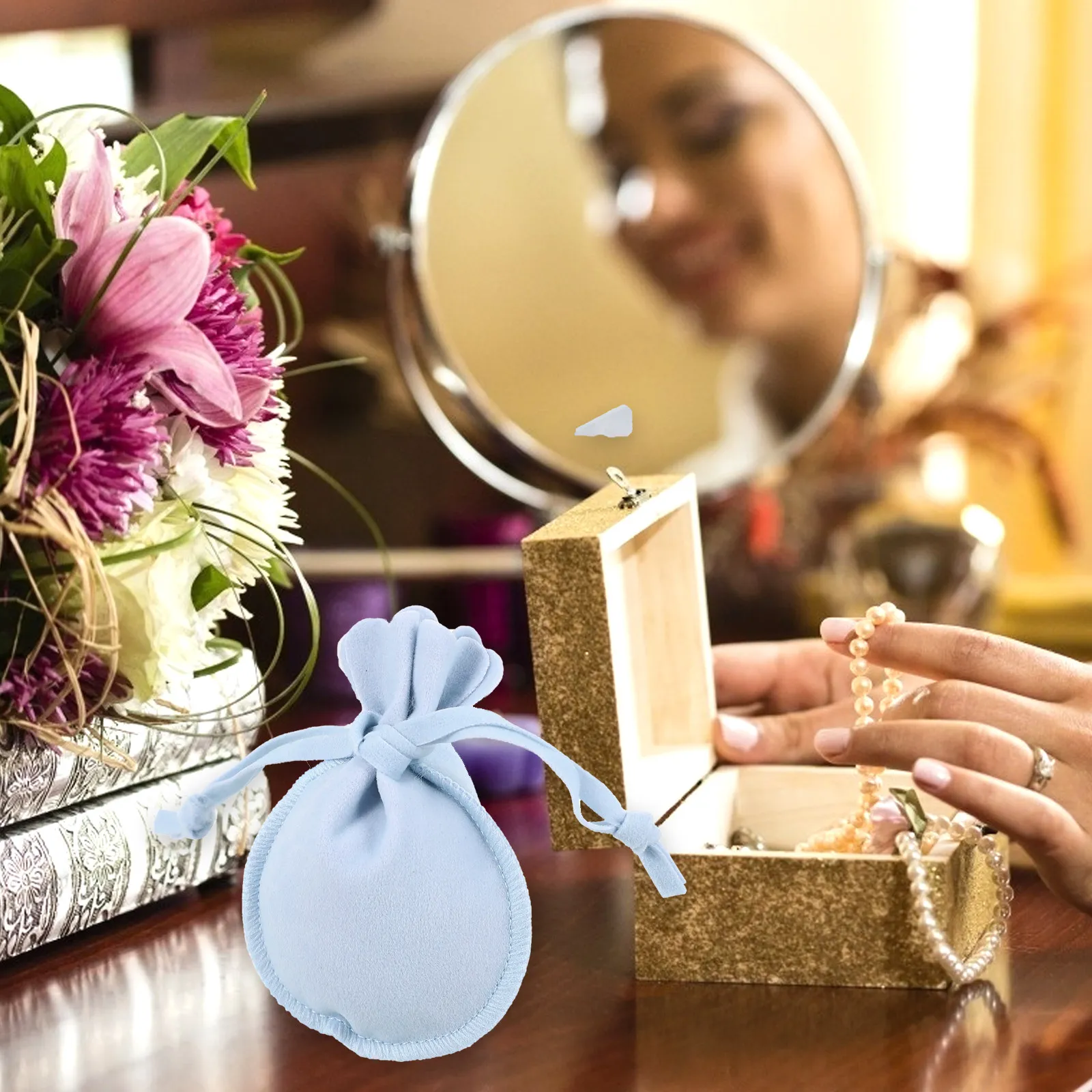 20Pcs Drawstring Flannel Jewelry Bag Sky-Blue Storage Pouch Small Gift Packaging Candy Handbag Premium Gift Bags for Party