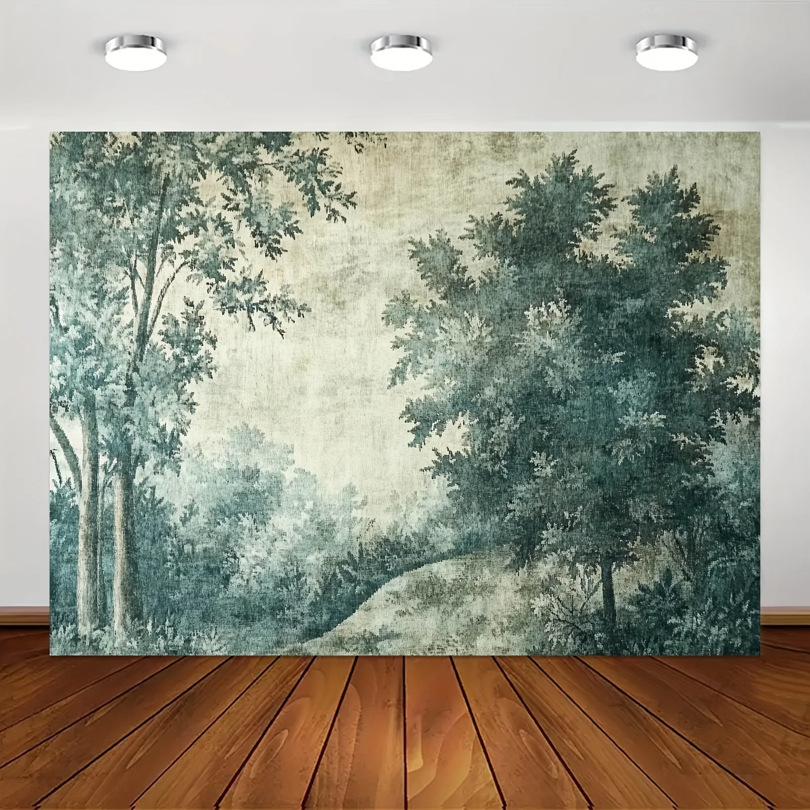 Vintage forest tapestry background, antique 19th century style, tranquil green landscape with trees and misty sky