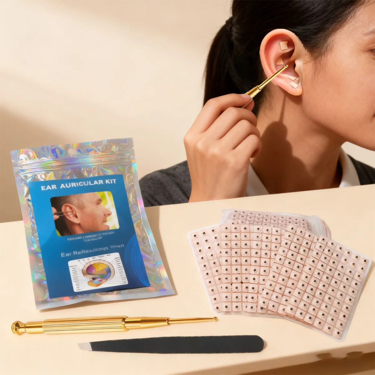 

4 in 1 Set Multi-Condition Ear Seeds Acupuncture Auricular Sticker Kit 1200pcs with Acupressure Chart Tweezer Auricular Probe