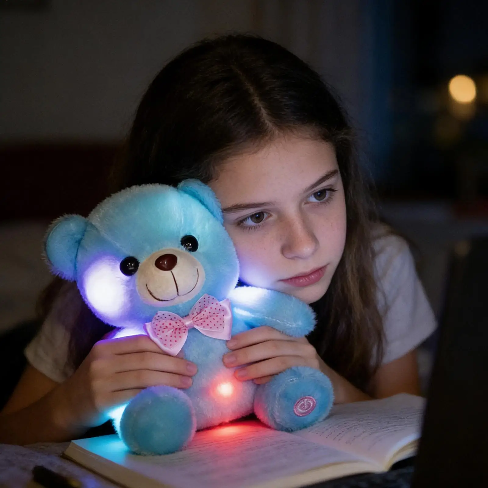 الملونة LED قوس قزح متوهجة القوس الدب ألعاب من نسيج مخملي لينة لطيف رمي الوسائد هدية عيد ميلاد الحيوانات المحشوة متوهجة لعبة للفتيات #1