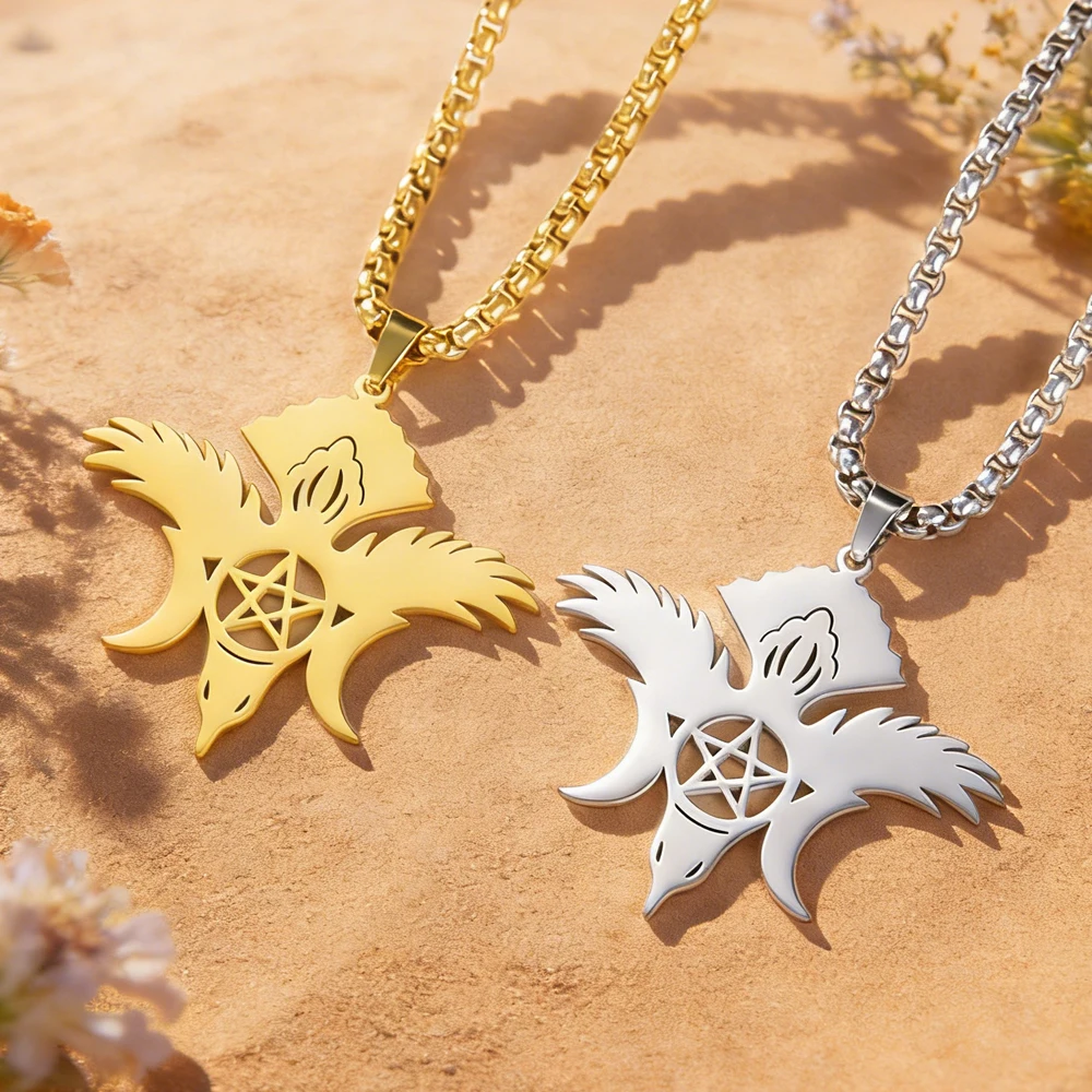 1pc Wiccan Triple Moon Goddess Raven Pentacle Necklace Vintage Pentagram Animal Totem Pendant Stainless Steel Jewelry