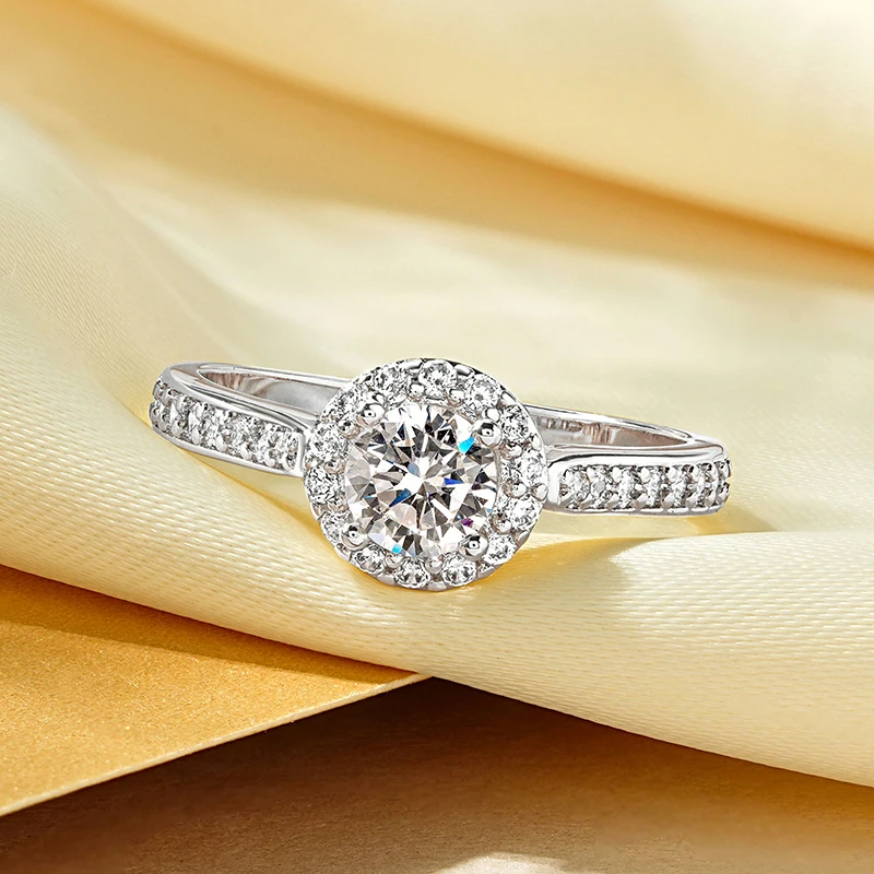 

Trendy Plating 14k Gold Silver Women Ring Speaking Halo Round CZ Simulated Diamond Engagement Rings Wedding Fine Jewelry