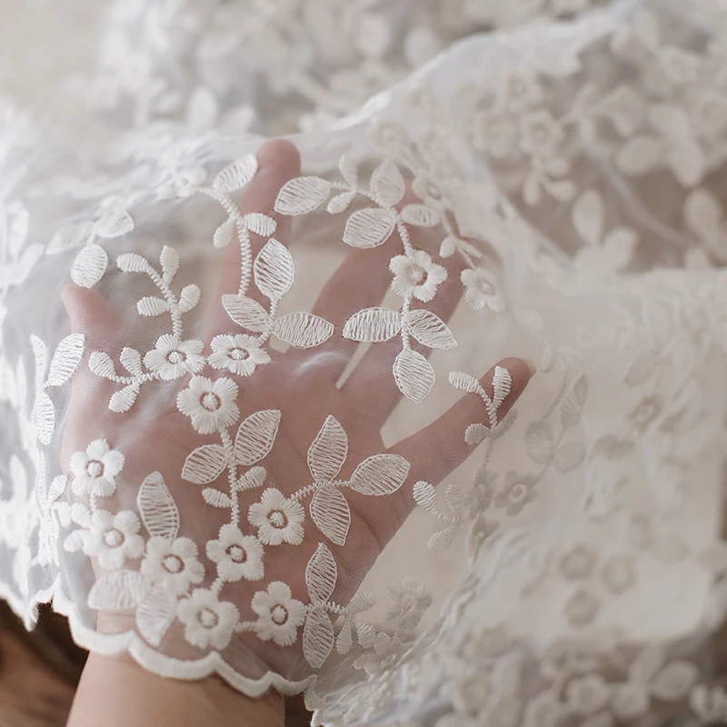 

Beige Floral Embroidery Organza Fabric for Wedding Dress Curtain Lace Decoration By The Meter