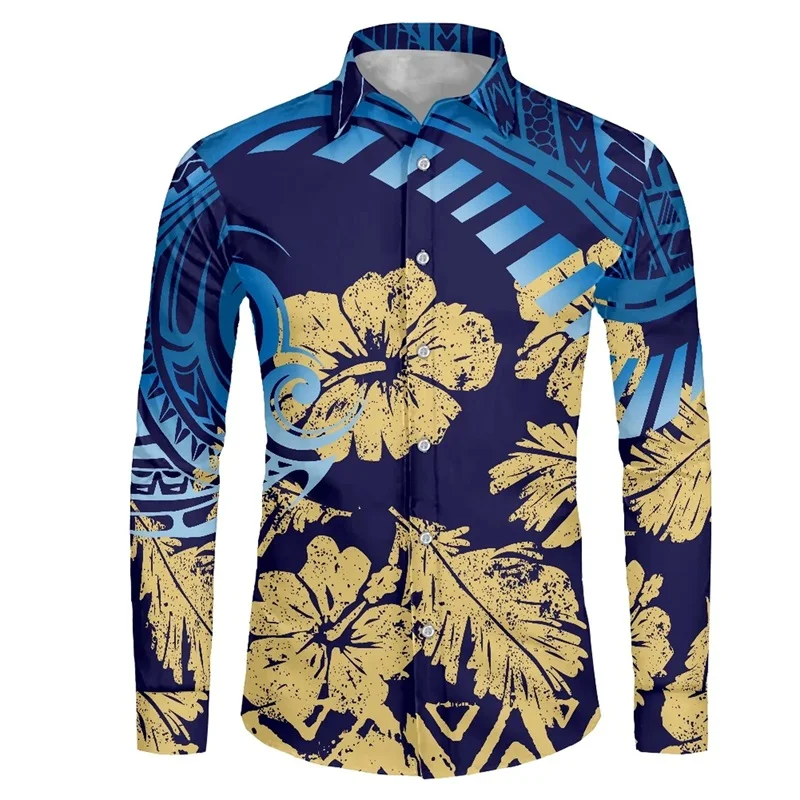 New 3D Print Polynesia Tribe Graphic Hawaii Shirts Long Sleeve Casual Stand-up Collar Fall Shirt Men's Buttons Up Blouse Clothes