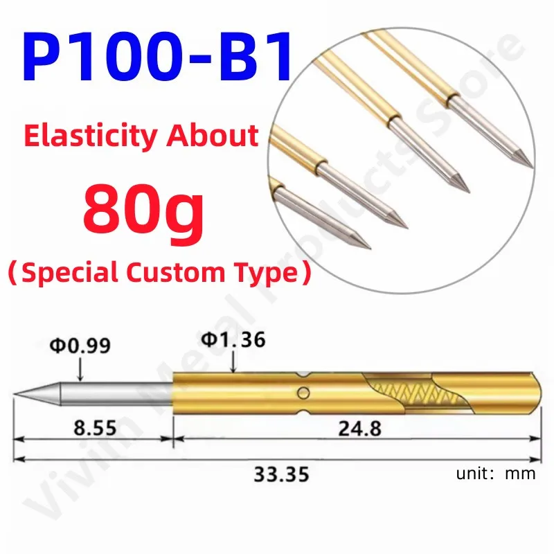 20/100PCS P100-B1 Spring Test Probe P100-B Test Pin Test Tool 33.35mm Dia1.36mm Needle Tip Dia0.99mm Pogo Pin 80g Elastic Force