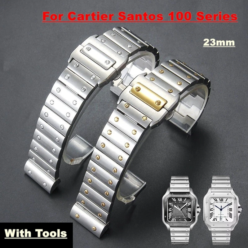 23mm Men's Stainless Steel Watchband For Cattier Santos100 Series Watch Starp Quick Release Replacement Bracelet Wristband