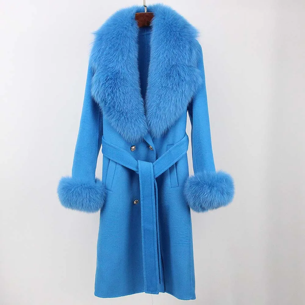 เสื้อโค้ทขนสัตว์แท้แฟชั่นใหม่ ฤดูหนาว 2025 แจ็คเก็ตยาวสำหรับผู้หญิง ผสมขนสัตว์ธรรมชาติและแคชเมียร์ กระดุมสองแถว มีเข็มขัด ให้ความอบอุ่น สไตล์สตรีทแวร์