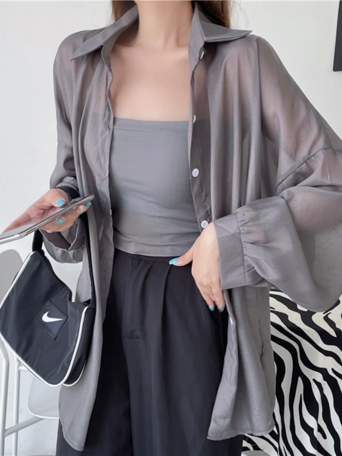 

Summer Thin New Loose Ice Silk Sun Protection irt Women's Chiffon Blouse Mid-Length Outerwear Polka Dot Long Sve Co...