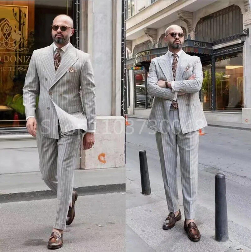 

2 Piece Light Gray Striped Men Suits Slim Fit Peak Lapel Double Breasted Blazer Wedding Business Set Groom Tuxedos(Jacket+Pants)