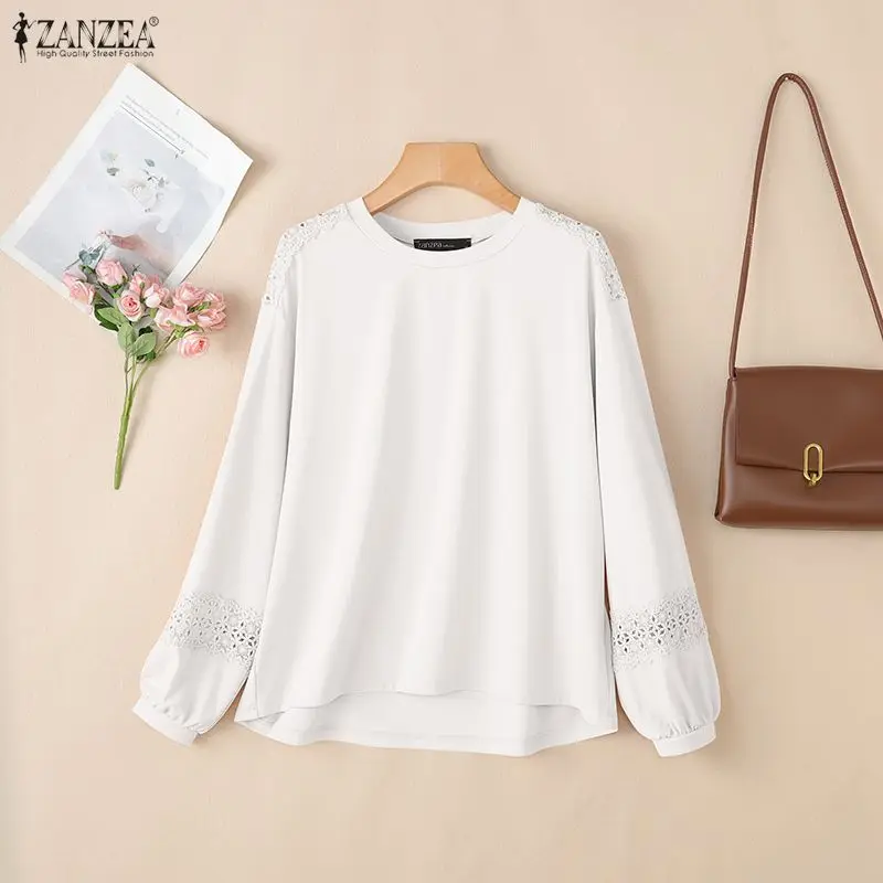 

2026 Spring Summer Woman Solid Color Blouses Elegant O-Neck Lantern Sleeves Lace Patchwork High-Low Tops ZANZEA Blusas de Mujer
