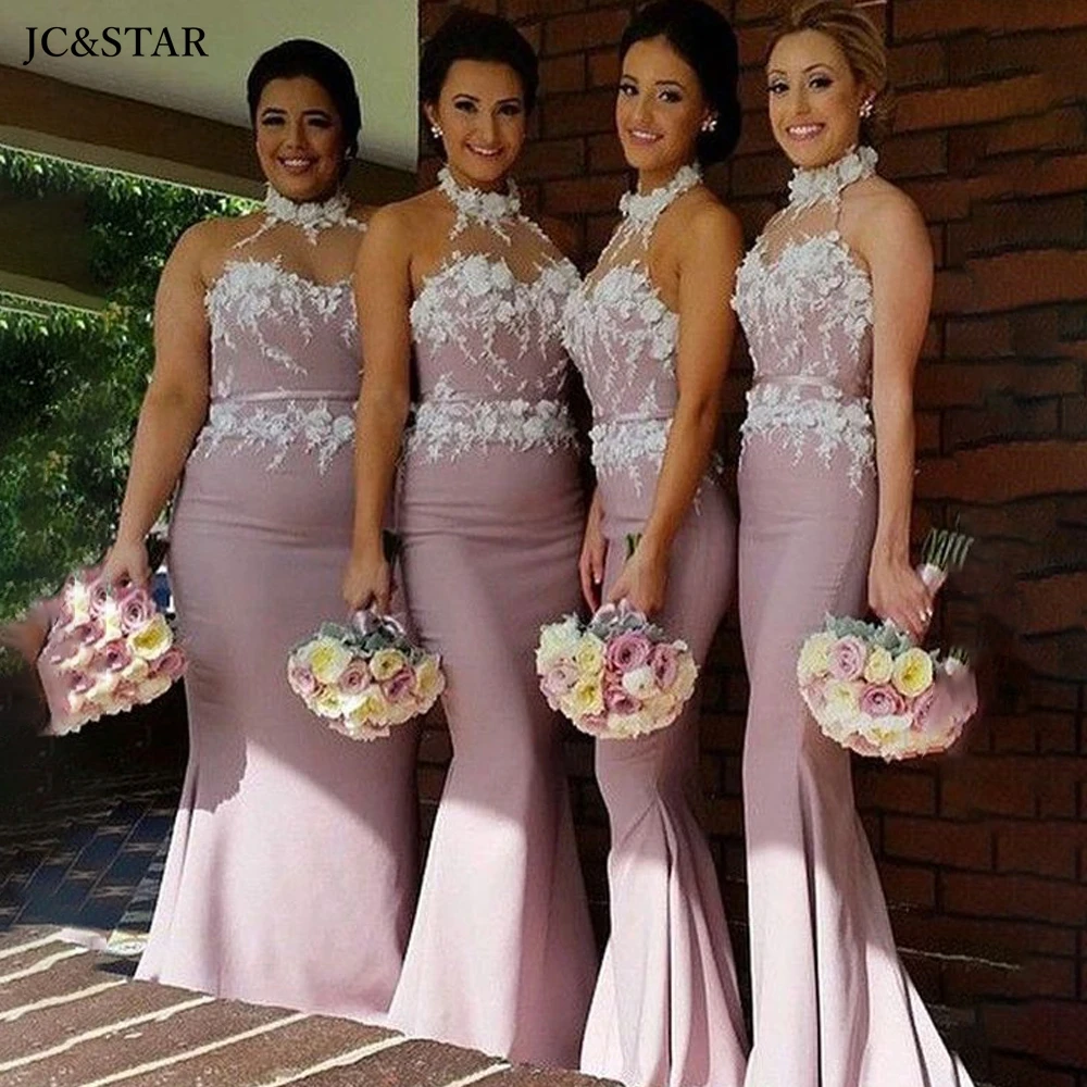 

Dusty Pink Mermaid Long Bridesmaid Dress Halter With 3dappliques Vestido De Fiesta De Boda Halter Pretty Evening Gowns Free Ship