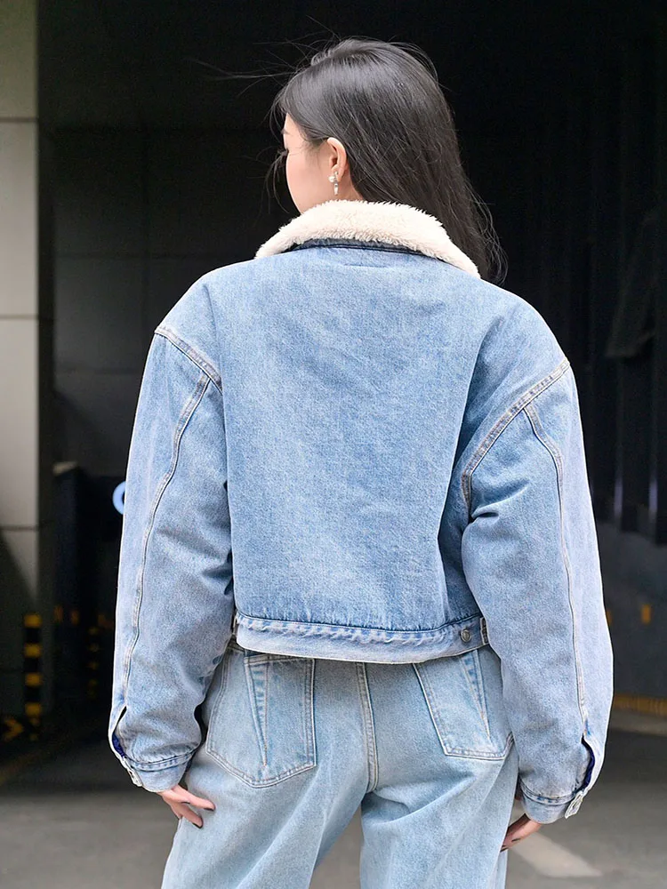 2024 fall and winter new zipper short lamb's wool lining loose denim jacket coat