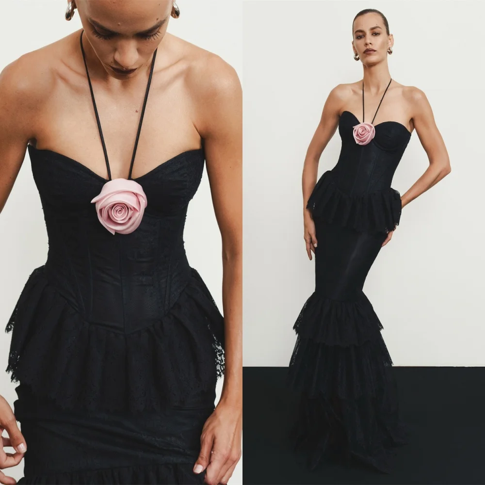 

Customized Mermaid Elegant Black Lace Evening Dress Modern Halter Sleeveless Flowers Homecoming Dresses Classic Prom Dress
