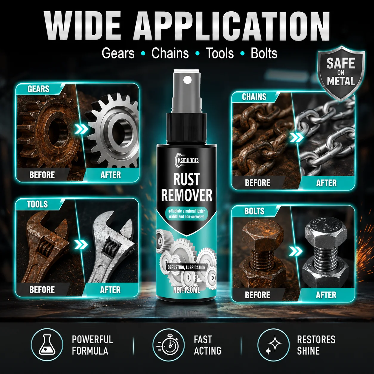 120ml Rust Remover Spray, Quick Metal Rust Cleaner for Bolts, Chains, Gears, Wrenches, Restores Metal Shine