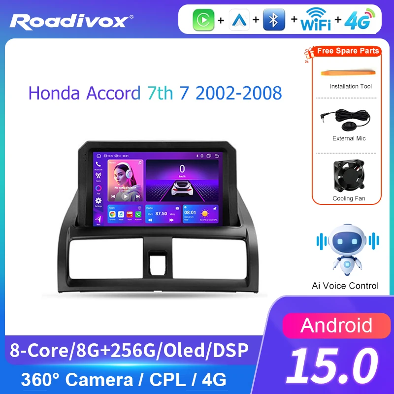AI VOICE roadivox Android car radio for Honda Accord 7th 7 2002 2008 stereo GPS Navigation video Multimedia Player tape