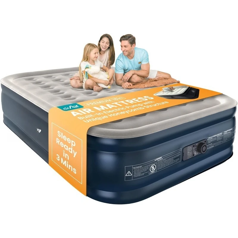 

Queen Air Mattress, 18” Raised Inflatable Bed with Built-in Pump, Waterproof Velvety Top, Ergonomic Design, Reinforced Support,