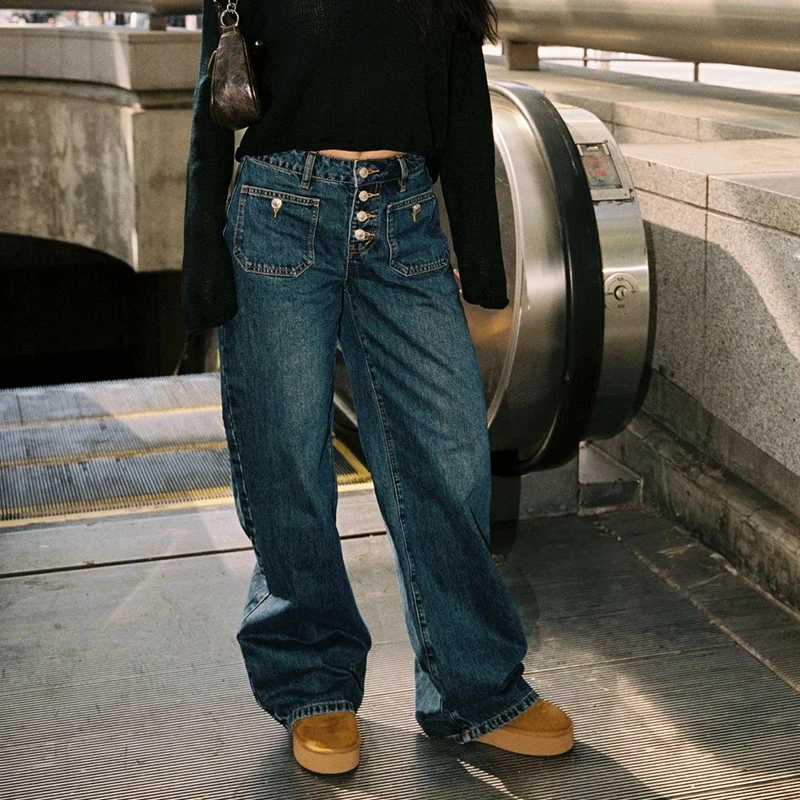 Women Vintage Retro Button Mid Waist Denim Long Pants Y2k Loose Fit Jeans Straight Leg Trousers with Multi Pockets
