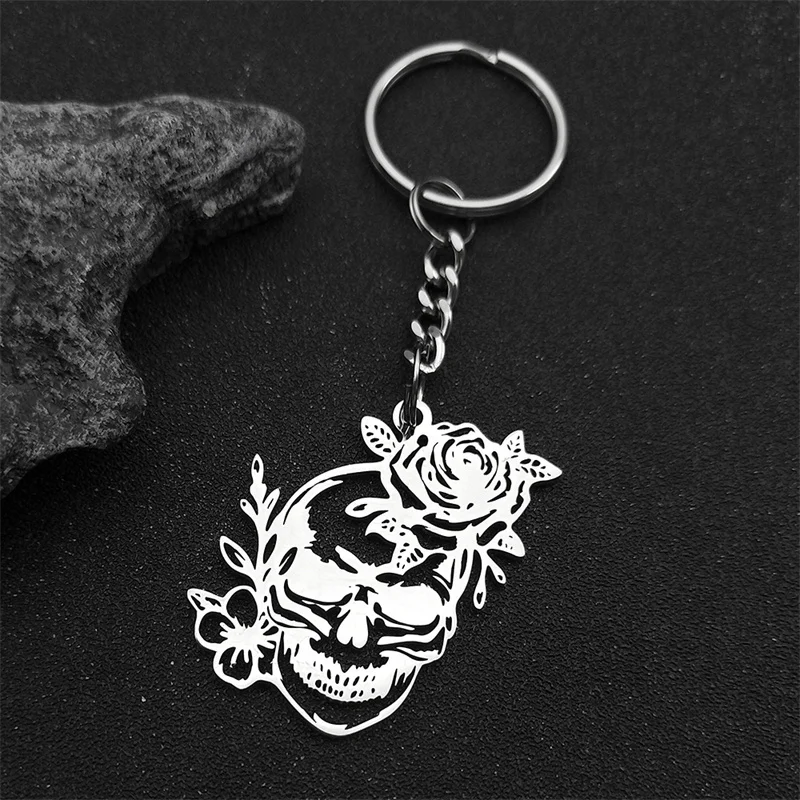 Edelstahl Gothic Schädel Rose Blume Anhänger Schlüsselanhänger für Männer Frauen Gold Farbe Skelett Retro Punk Party Schmuck Geschenk – Detail 7