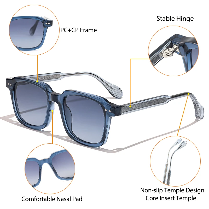 CATERSIDE Retro-Sonnenbrille für Herren, quadratischer Rahmen, Markendesign, Core Insert Temple Sonnenbrille, Damen-Sonnenbrille für Reisen, Party, Urlaub, Geschenk – Detail 4