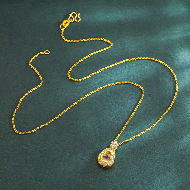 

au9999 gold jewelry 24k original diamond-encrusted gourd pendant for women, high-end, simple design, versatile clavicle chain