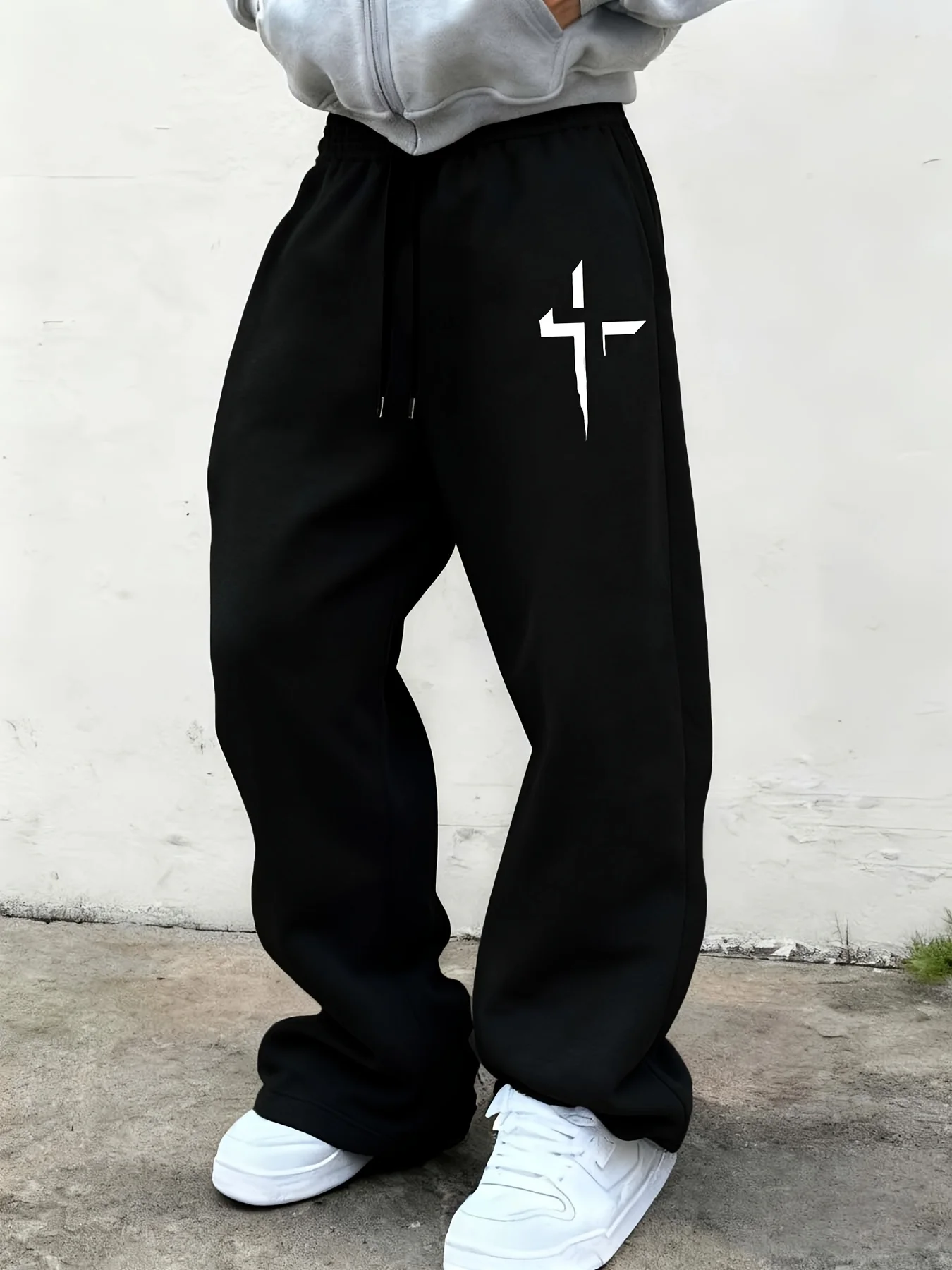 Men's High Street Flame Print Straight‑Leg Pants, Elastic Waist Drawstring Sweatpants, Hip Hop Streetwear Casual Sports Trousers