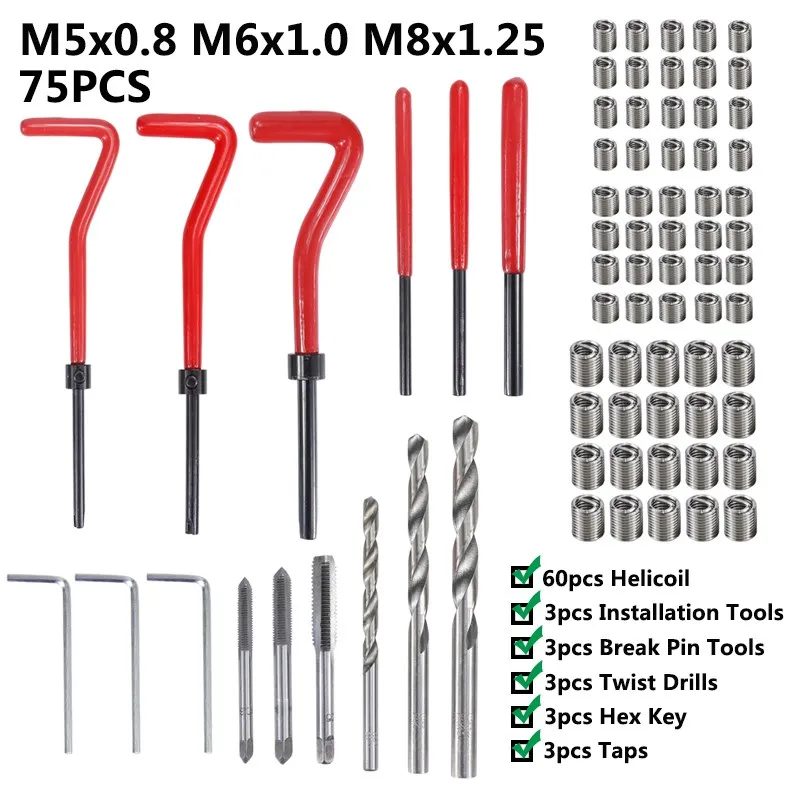 Thread Repair Tool Set 75/125/131pcs M5 M6 M8 M10 M12 Screw Thread Inserts For Restoring Damaged Helicoil Kit 