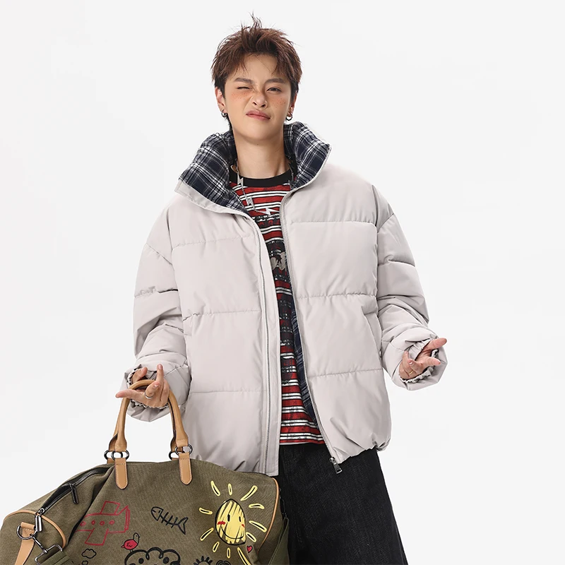 Men's Thickened Warm Standing Collar down Jacket Plaid Lining Zipper Casual Cotton Autumn Winter Loose Fit Jacket