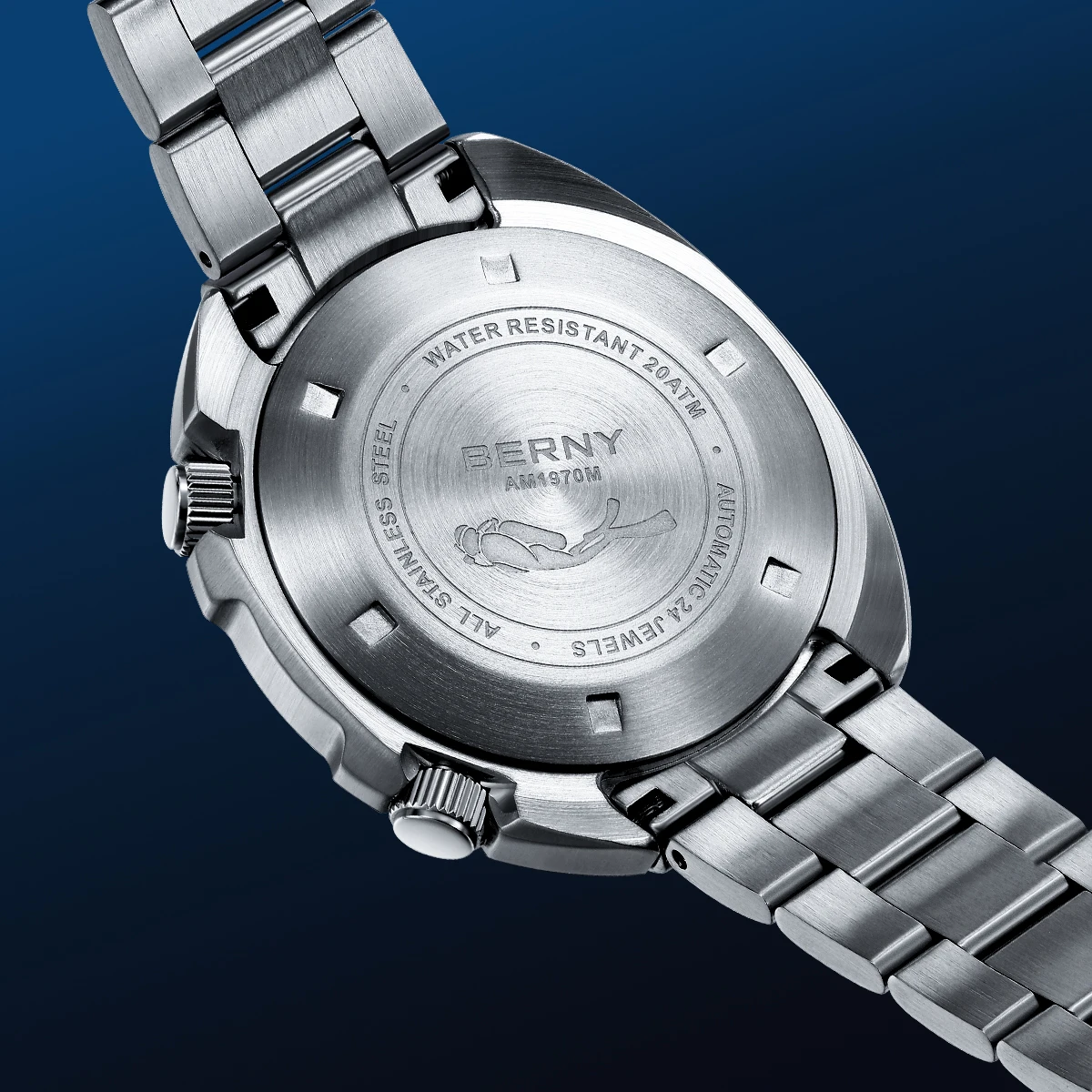BERNY Orologio Subacqueo Automatico Uomo 20ATM - Meccanico Giapponese Con Vetro Zaffiro, Cinturino Acciaio Inox, Lunetta Interna Rotante, Super Luminoso