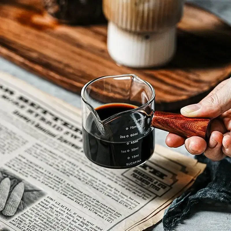 50/75/100ML Wooden Handle Glass Espresso Measuring Cup Single Mouth Milk Latte Jug Coffee Supplies