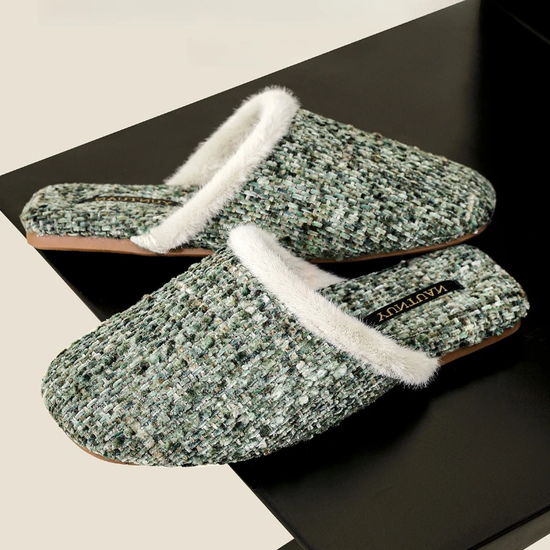 

Winter Warm Fluffy Home Cotton Slipper Couple Fashion Square Toe Satin Designer Shoes Cozy Lightweight Non-slip Zapatos De Mujer