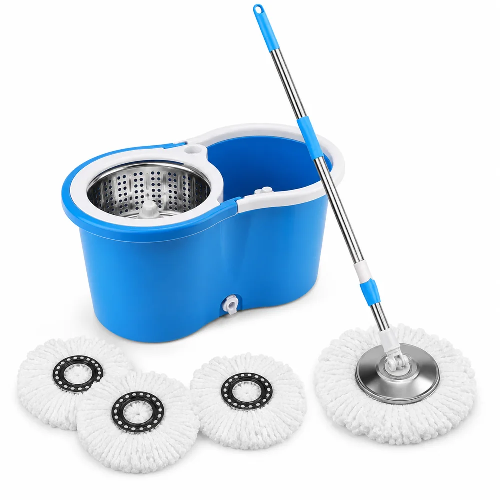 360 Spin Mop and Bucket Set, Easy Wring Self Cleaning Floor Mop with 3 Replaceable Microfiber Heads & Adjustable Handle