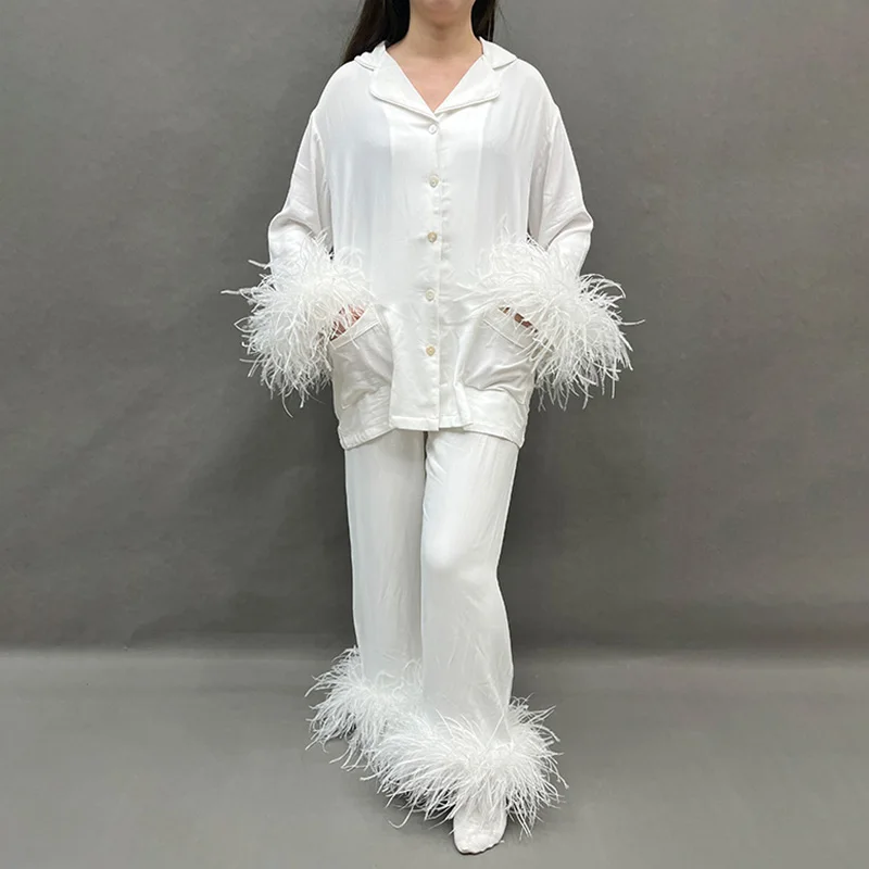 Women Big Feather Pajamas Sets 2024 Spring Summer Lady Natural Ostrich Feather Suit S5385