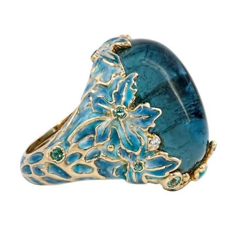 Cor do ouro Escultura Esmalte Flor Anéis para As Mulheres, Criatividade Incrustada Pedra Azul Anel De Noivado, Jóias Da Moda Elegante