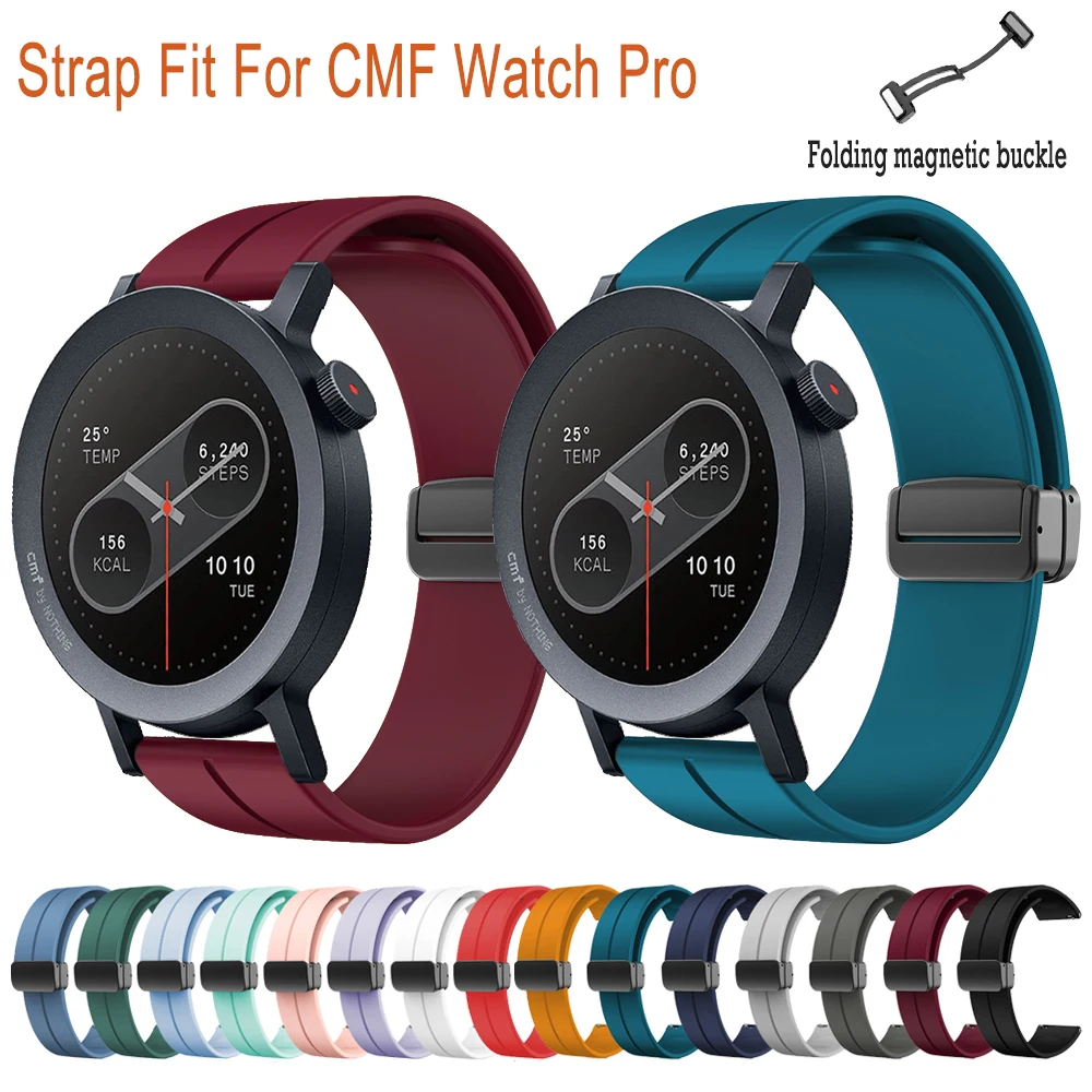 Silicone Watchband Compatible with  CMF Watch Pro 1 2 Black Folding Magnetic Buckle Accessory Strap for CMF Watch Pro 22mm Strap
