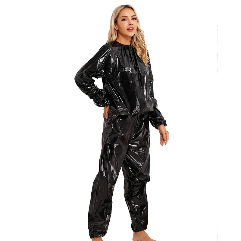 

Women Patent Leather Set Elastic Cuff Top Loose Pants Suits Unisex Casual Shiny PU Sportswear Sets New Entertainment Custom