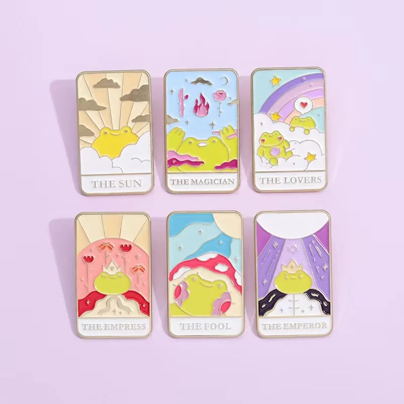 Frog Themed Tarot Card Hard Enamel Pins Collect Rainbow Frog Fool Death Sun Cartoon Brooch Lapel Badges Bag Animal Jewelry Gifts