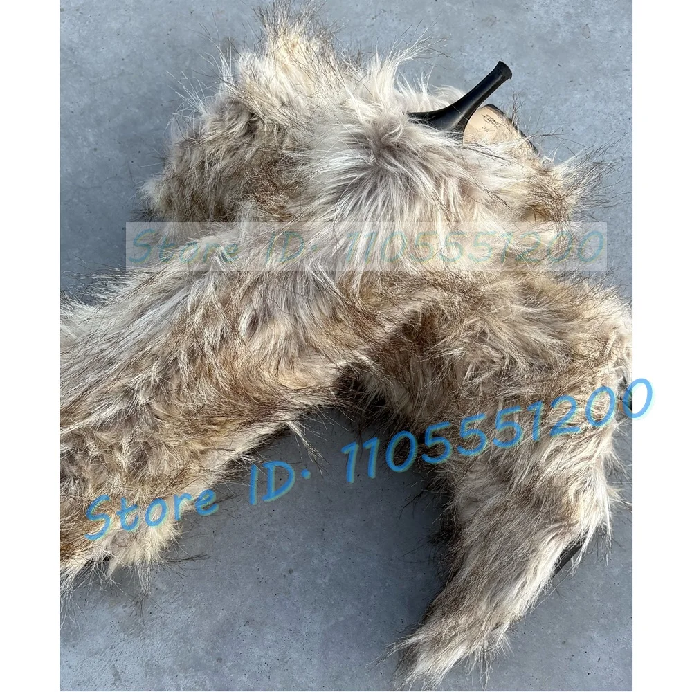 Beige Fur With Brown Tips Knee High Boots Women Sexy Savage Pointy Toe Splicing Shoe Ladies Side Zipper Mid Thin Heel Tall Boots