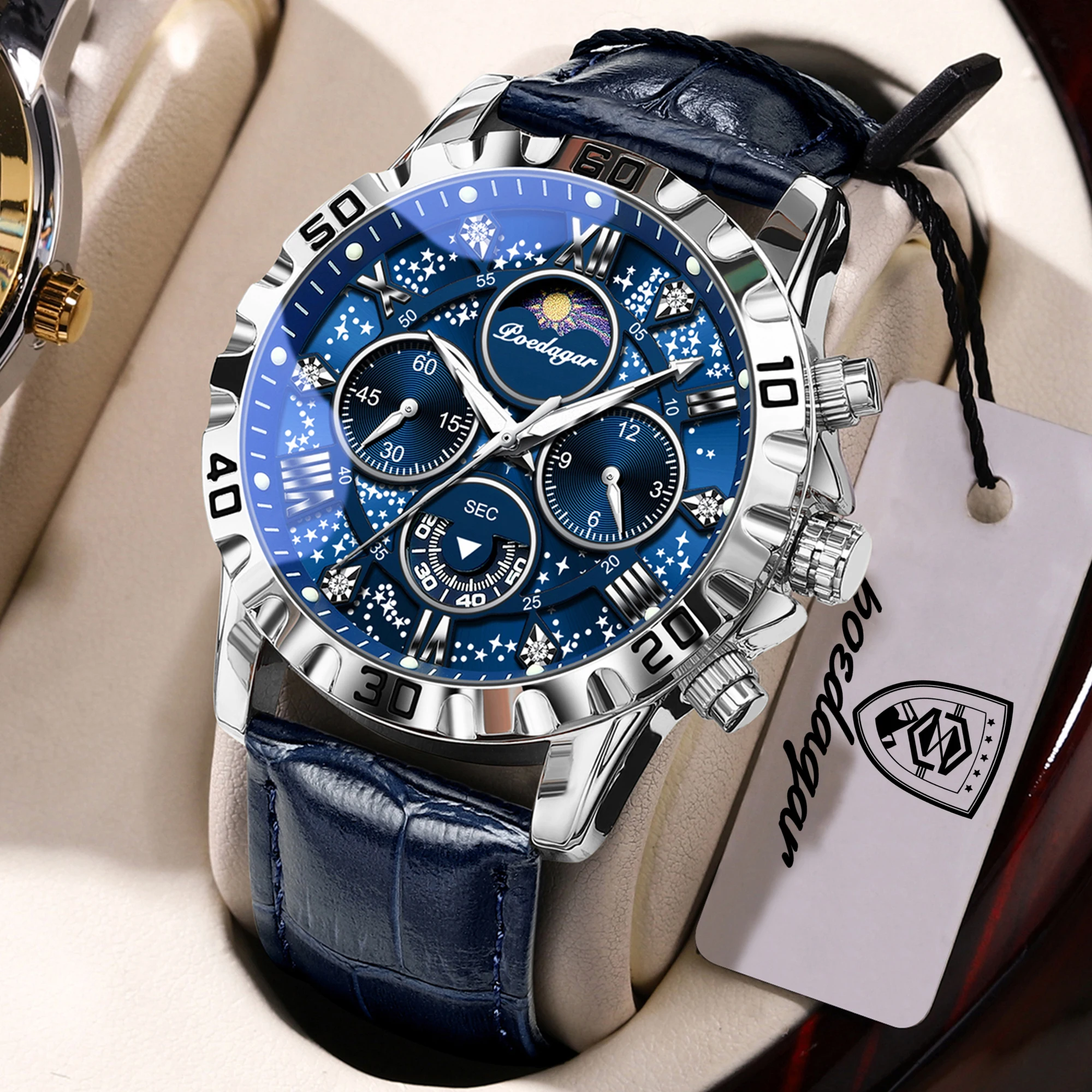 POEDAGAR Top Functional Luxury Man Wristwatch Waterproof Luminous Chronograph Leather Sports Watches For Men Quartz Men's Watch