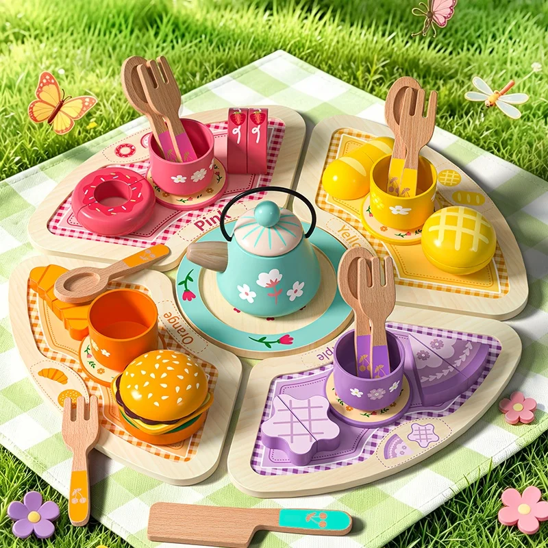 Kids Wooden Tea Set Play House Pretend Make Tea Play With Teapot Teacup Afternoon Snack Role Playing Toys Boys Girls Gift