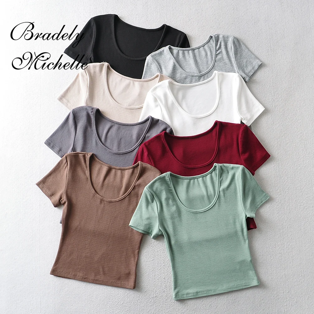 Bradely Michelle Casual Summer Woman Slim Fit T-shirt Tight Short-Sleeve O-neck Tee Crop Tops