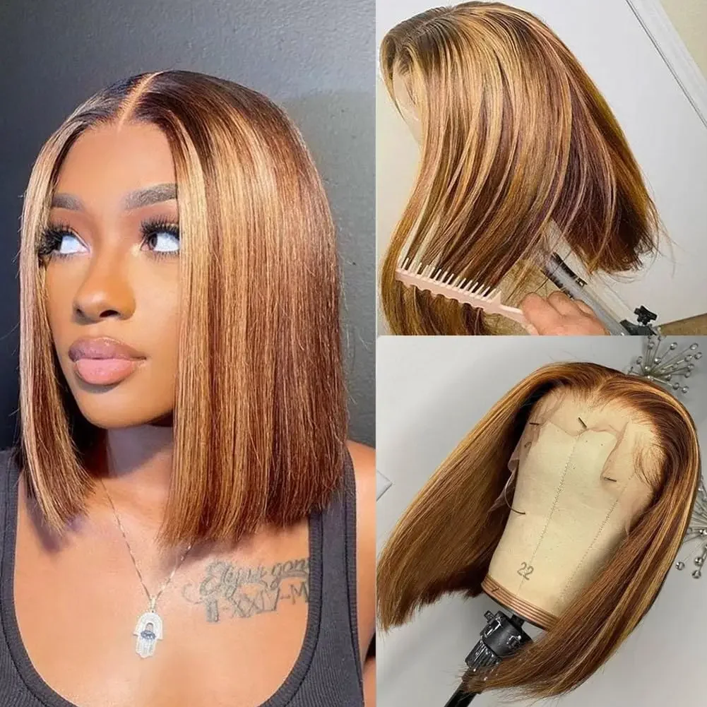 

12 Inch Highlight Honey Blonde Lace Front Wig Human Hair Ombre 4/27 HD Lace Frontal Bob Wigs Glueless Pre Plucked Brown Wig