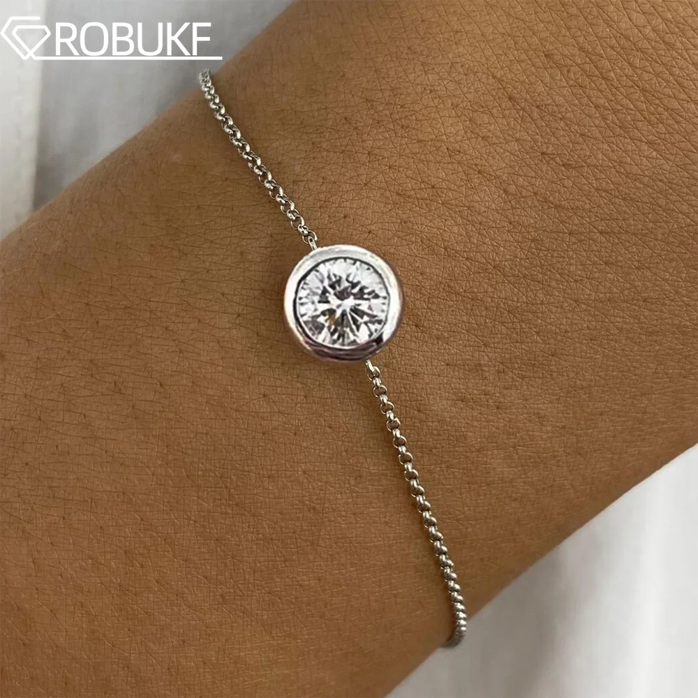 1CT 2CT Bezel Set Round Cut Solitaire Moissanite Diamond Link Bracelet for Women 15cm-20cm Adjustable Chain S925 Silver Jewelry